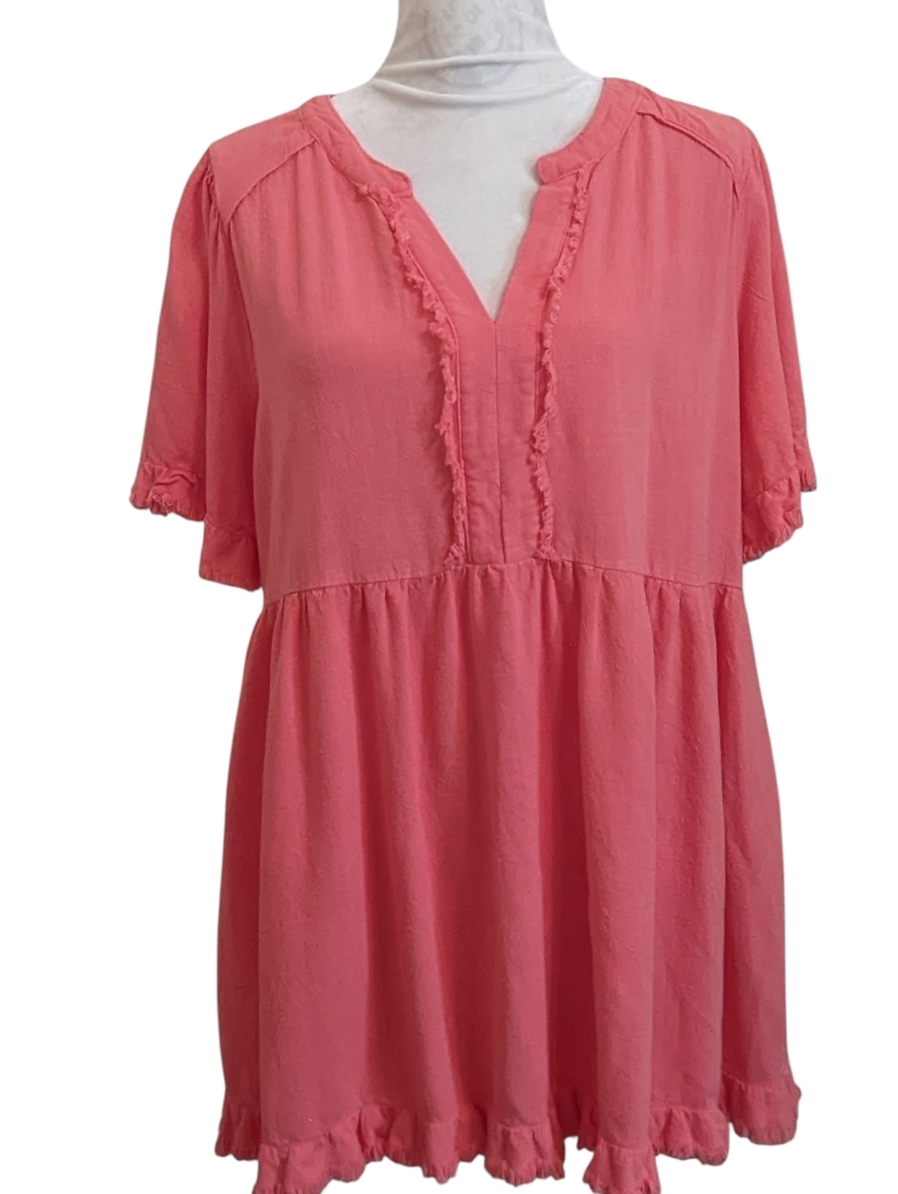 UMGEE Linen Cotton Coral Pink Fringe Babydoll Boho Tunic Top Mini Dress Large